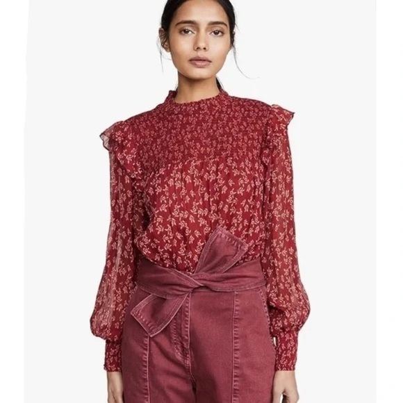 Free People Tops - Free People Red Roma Blouse Sheer Floral Long Sleeve with Keyhole Back Small